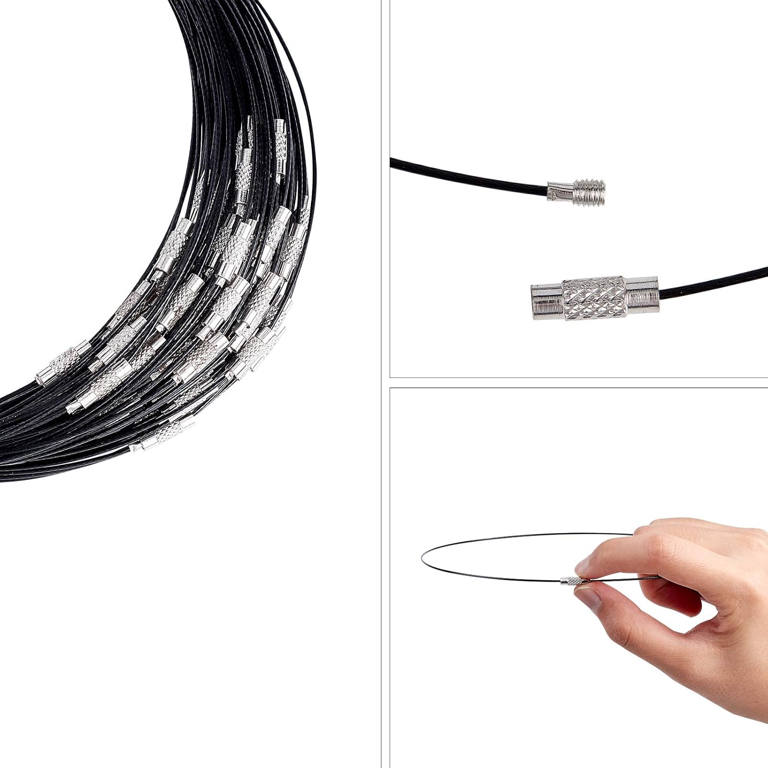100pcs 100 Strands 17.5" Steel Wire Necklace Cord Jewelry Wire with Brass Screw Clasp Beading Wire Chains for DIY Jewelry Making-Black