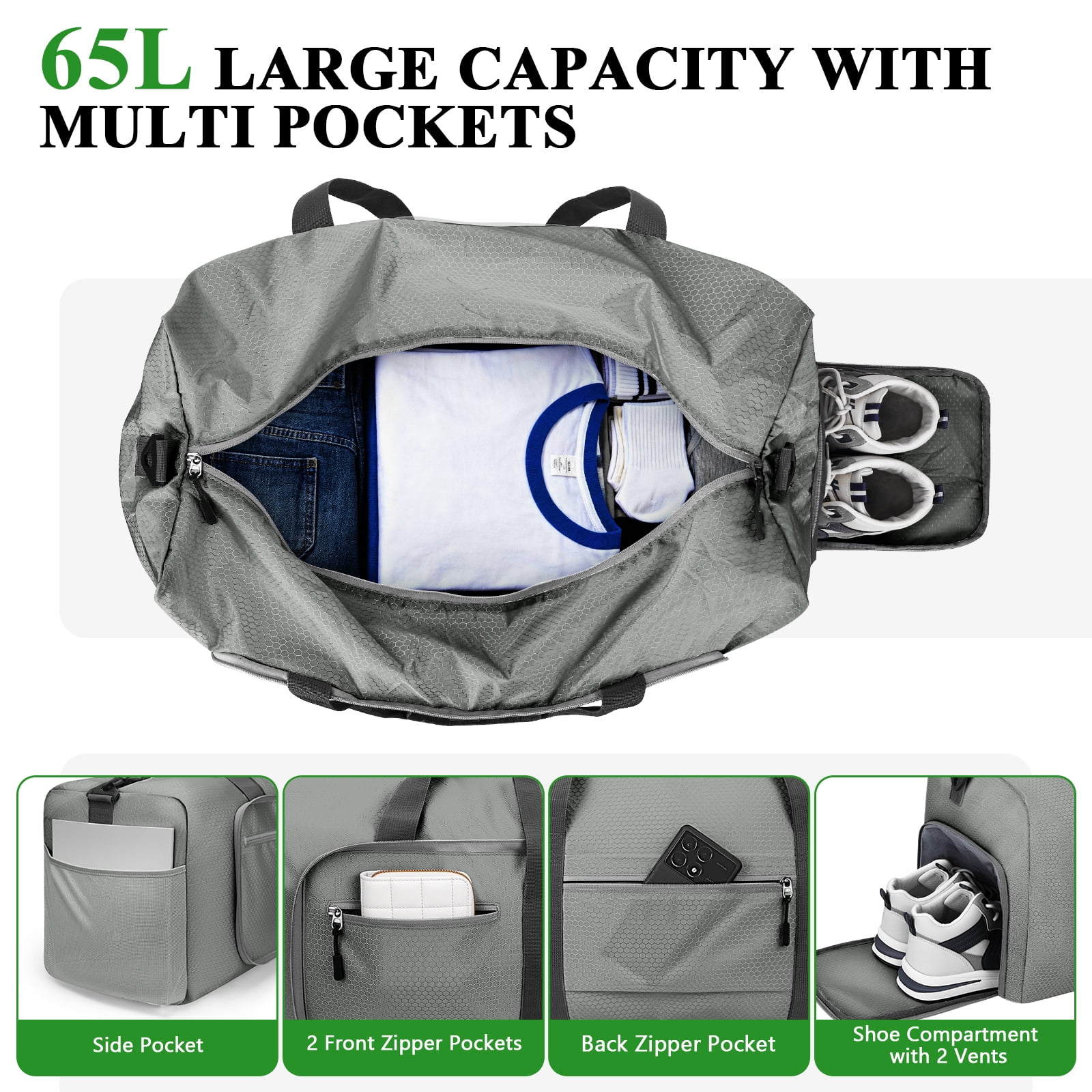 XUEYU 65L Travel Bag, Large Travel Duffel Bags with Shoes Compartment and Adjustable Strap, Foldable Travel Duffel Bags for Men Women,Waterproof Duffel Bags for Traveling Camping, Touring, Gray