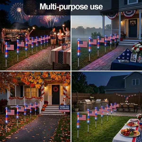 8 Pack Solar American Flag Pathway Stake Lights with 8 Modes, Red White Blue Patriotic Solar Powered Flag Pole Lights, Waterproof LED Outdoor 4th of July Memorial Day Yard Garden Decorations