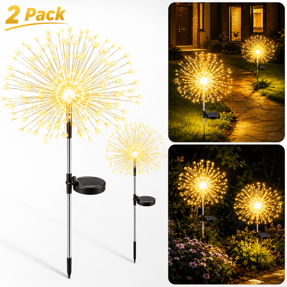Outdoor Solar Lights Firework, 2 Pack 120 LEDs Waterproof Solar Lights for Outside Garden Yard Pathway Fence - Warm White