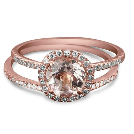 Limited Time Sale 1.50 Carat Round Cut Morganite and Diamond Halo Bridal Ring Set in Rose Gold: Bestselling