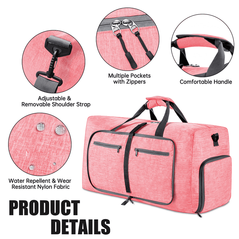 65L Foldable Duffel Bag Women, 24 Travel Bag with Shoes Compartment, Weekender  Bag for Women with Trolley Sleeve for Men and Women Waterproof & Tear  Resistant, Large Duffle Bag for Travel, Pink 