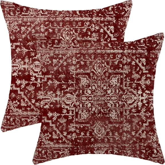 LAMIRO Boho Pillow Covers 16x16 Set of 2,Burgundy Red Carpet Pattern Decorative Throw Pillows Linen Ethnic Design Farmhouse Cushion Covers for Sofa Couch Outdoor Decor