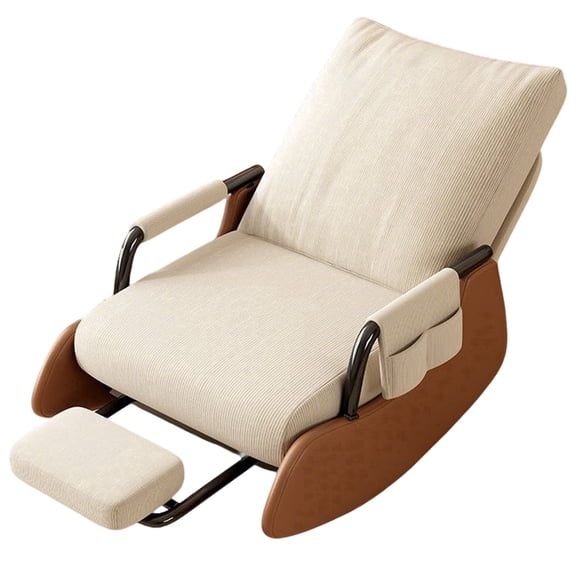 Zehiseta Indoor Reclining Rocking Lounge Chair Soft Corduroy Upholstery Adjustable Foot Pedal Storage Arm Bag Beige Brown 1 Piece