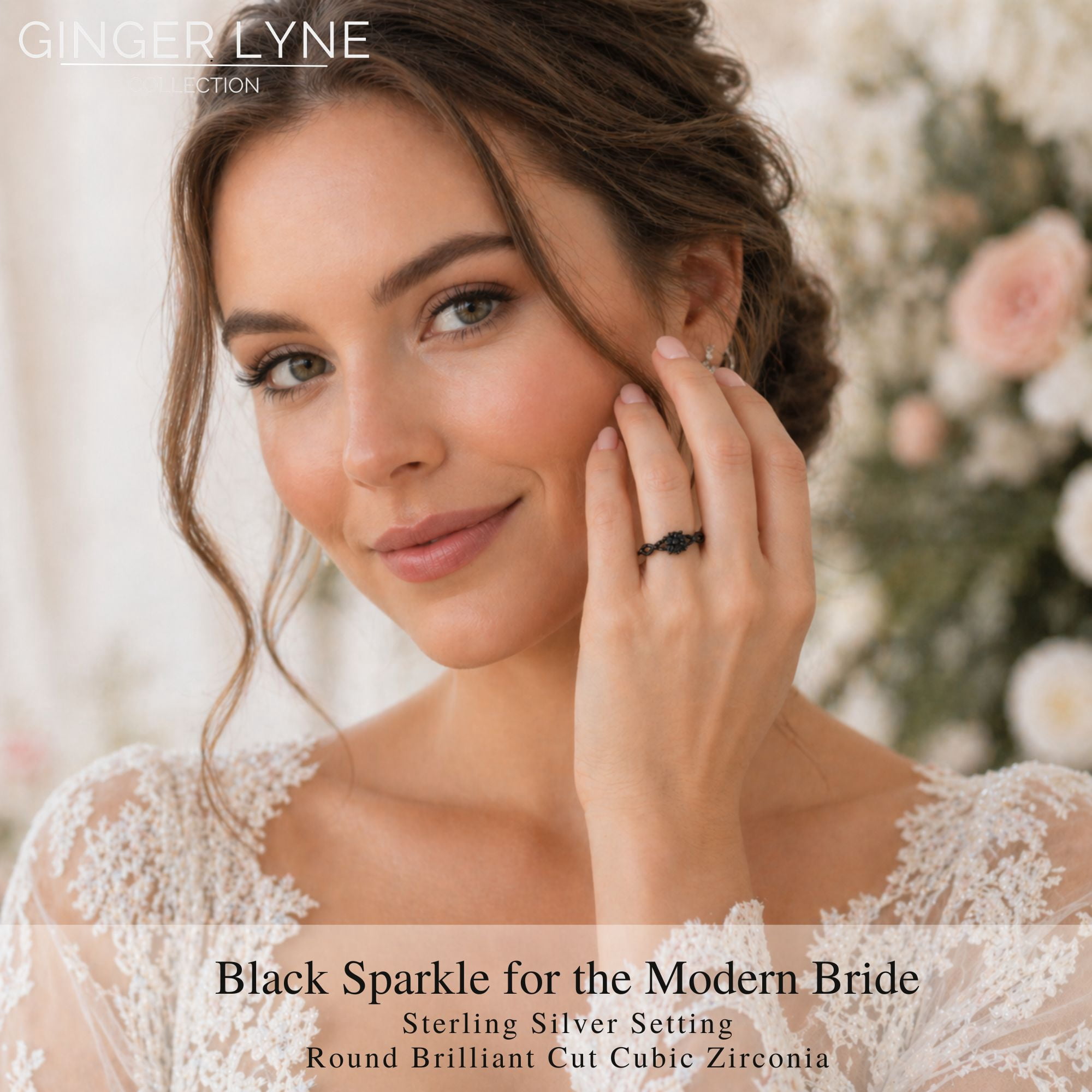 Queena Solitiare Black Engagement Ring for Women Sterling Silver CZ Ginger Lyne Collection