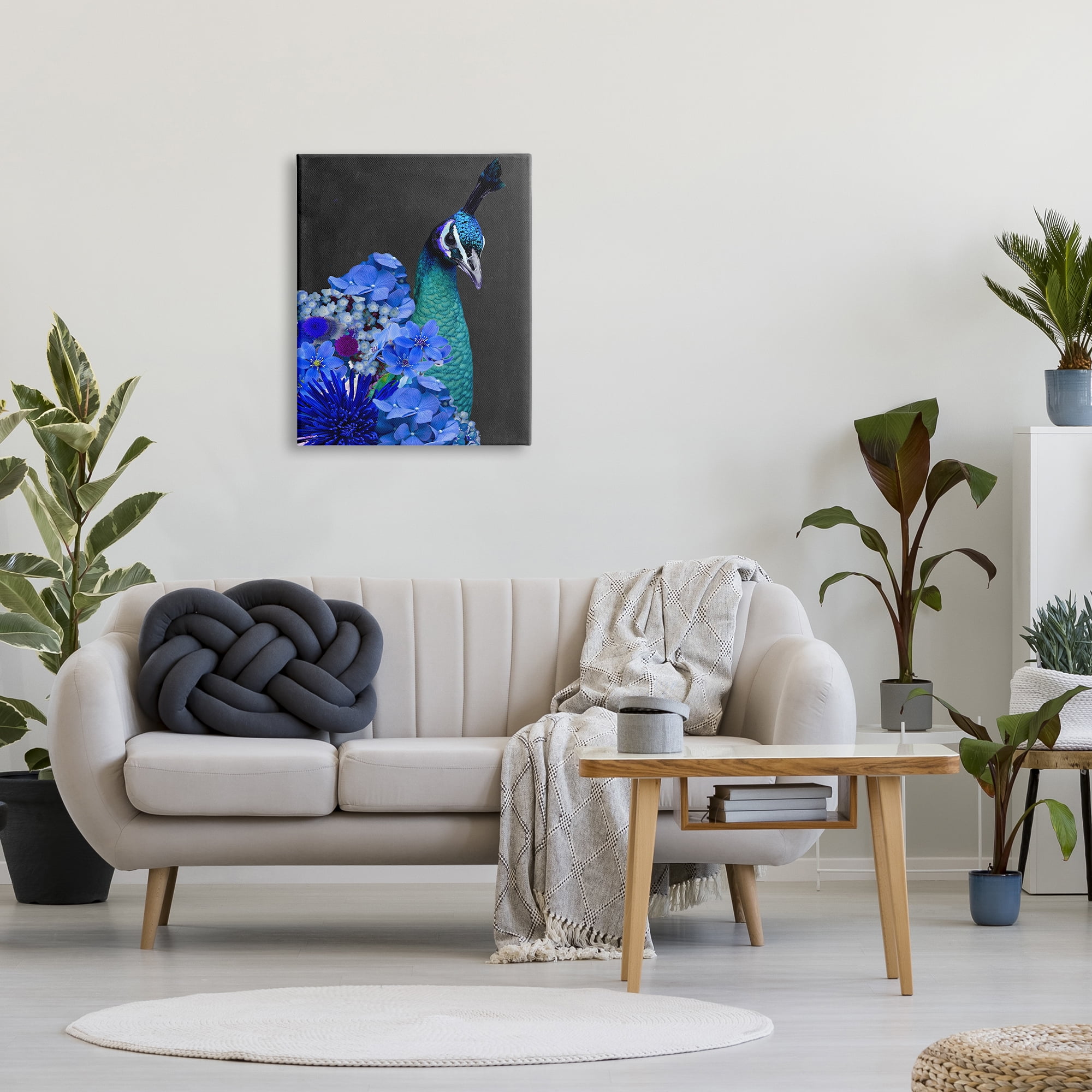 Stupell Industries Peacock with Blue Flowers Animals & Insects Painting Gallery Wrapped Canvas Art Print Wall Art, 24 x 30