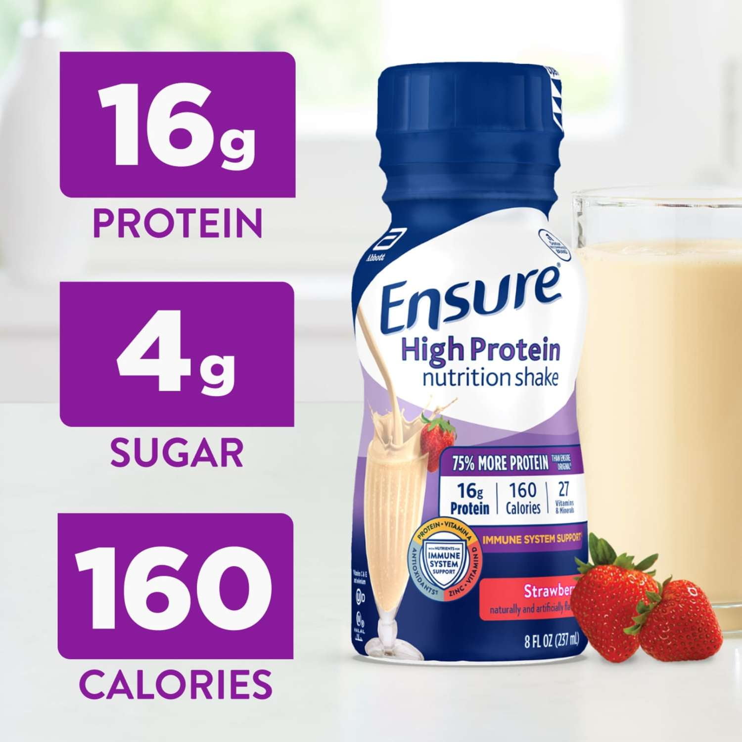 (2 pack) Ensure High Protein Nutrition Shake, Strawberry, 8 fl oz, 6 Count