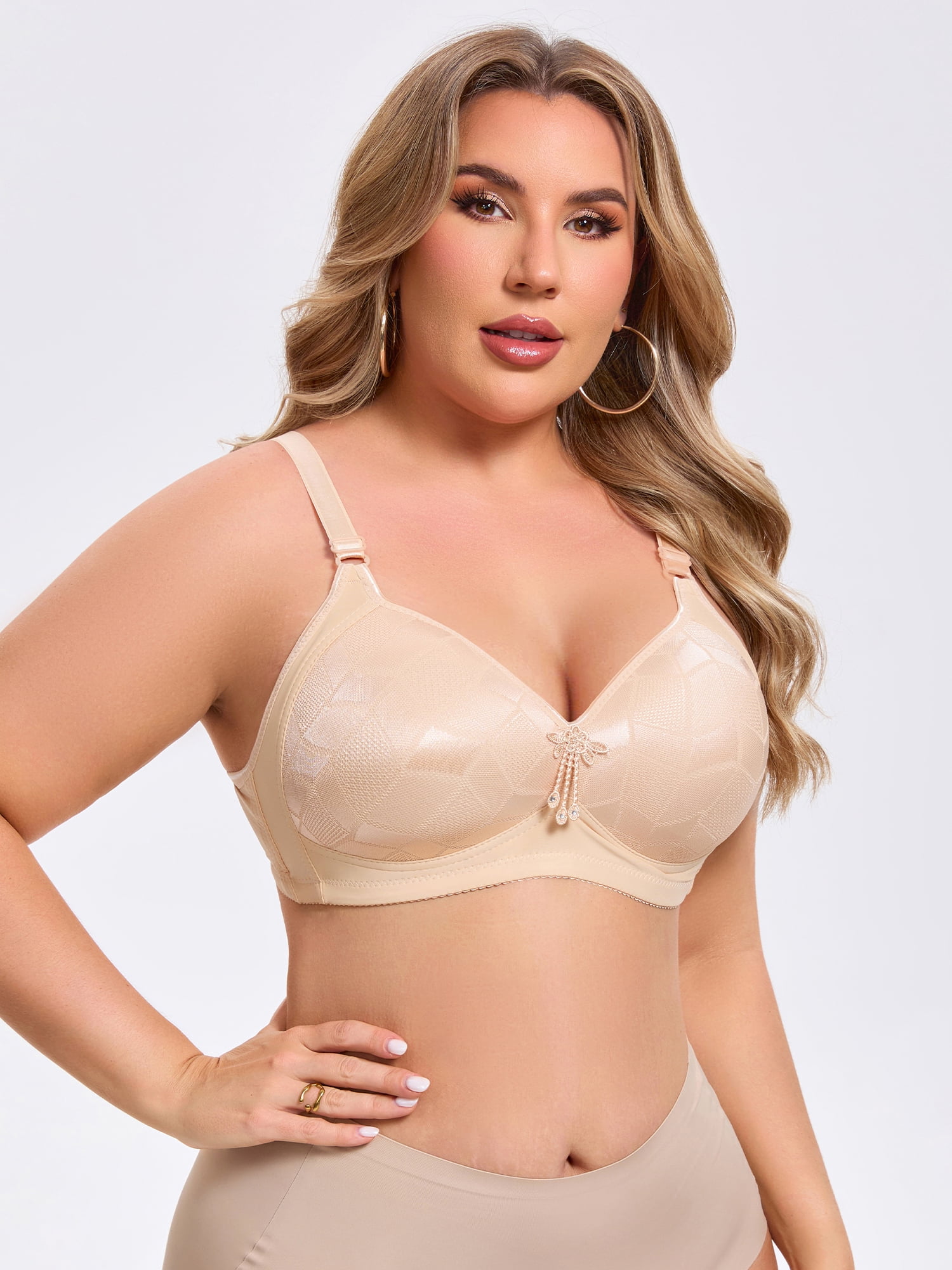 DARING DIVA Women's Deep V Wireless Bralette Soft Cup Adjustable Straps Bra C 48 Beige