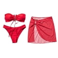 thumbnail image 2 of PWPSG Metal Accent Bandeau Bikini Three Piece Swimsuit with Matching Sheer Skirt Cover Up Red L, 2 of 8