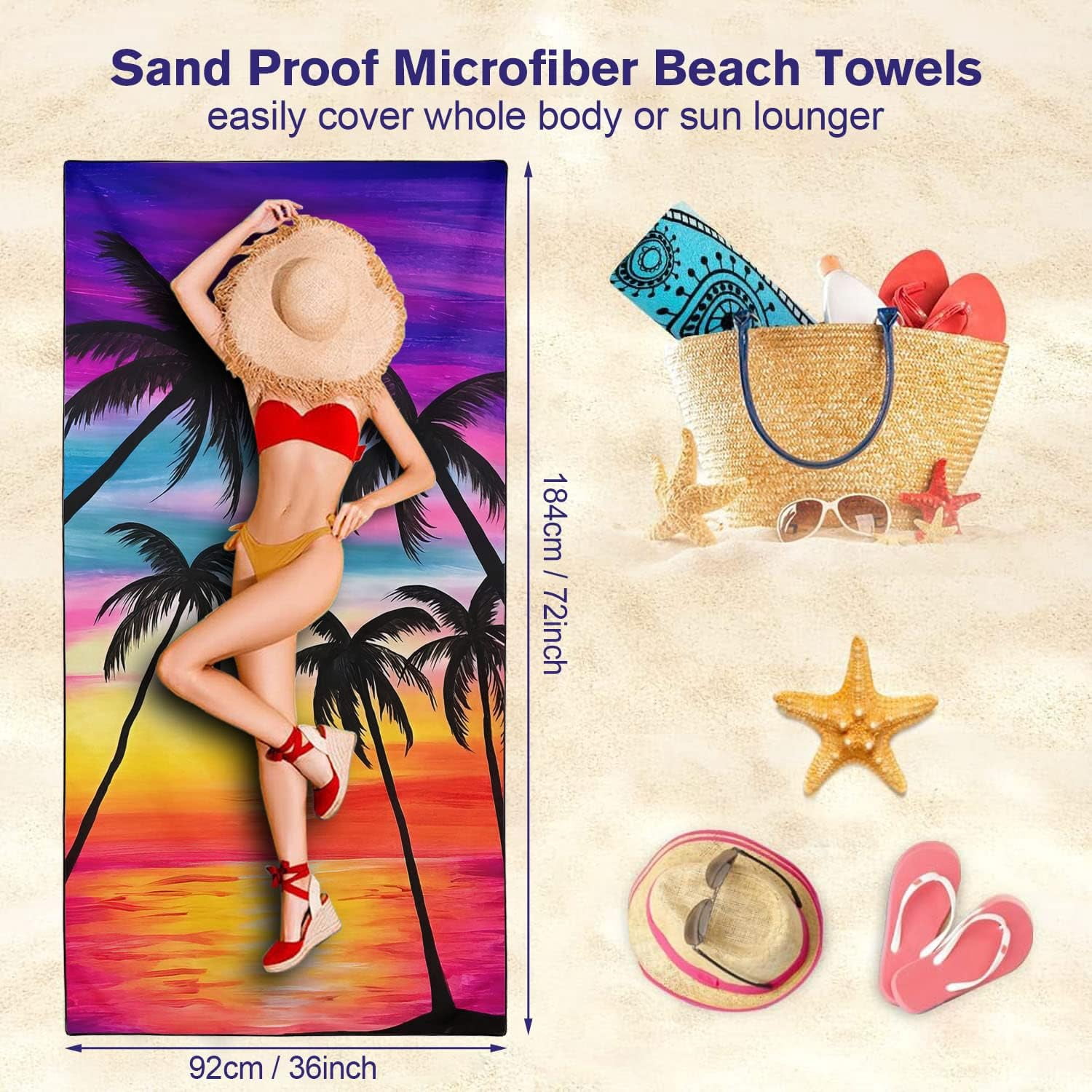 Coconut Palm Tree Beach Towel Oversized 36"x72" Quick Dry Sand Free Colorful Sunset Beach Towels Soft Lightweight Microfiber Towels for Swim Pool Camping Travel