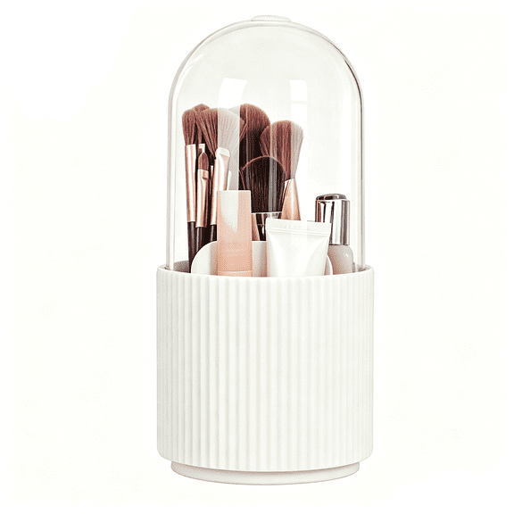 Makeup Brush Holder with Clear Lid, 360 Rotating Make up Organizer 5 Compartments Cosmetics Display Case for Vanity, Strips