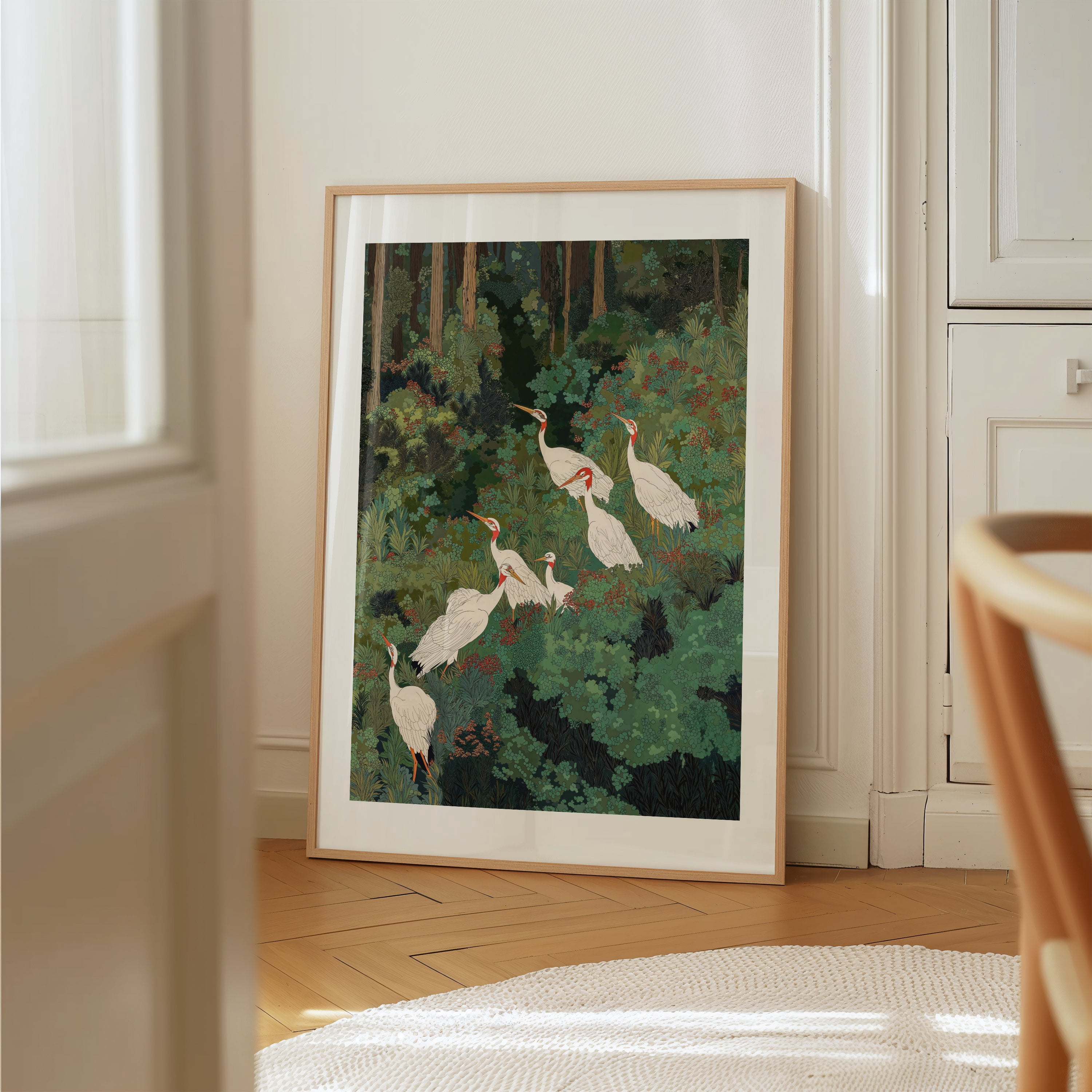Japandi Wall Art Maximalist japanese chinoiserie Bird Wall Art wabi sabi forest Heron Painting living room poster - Japan Painting Woodland Forest Botanical Bird Unframed Wall Art Print 32 x 48 inches