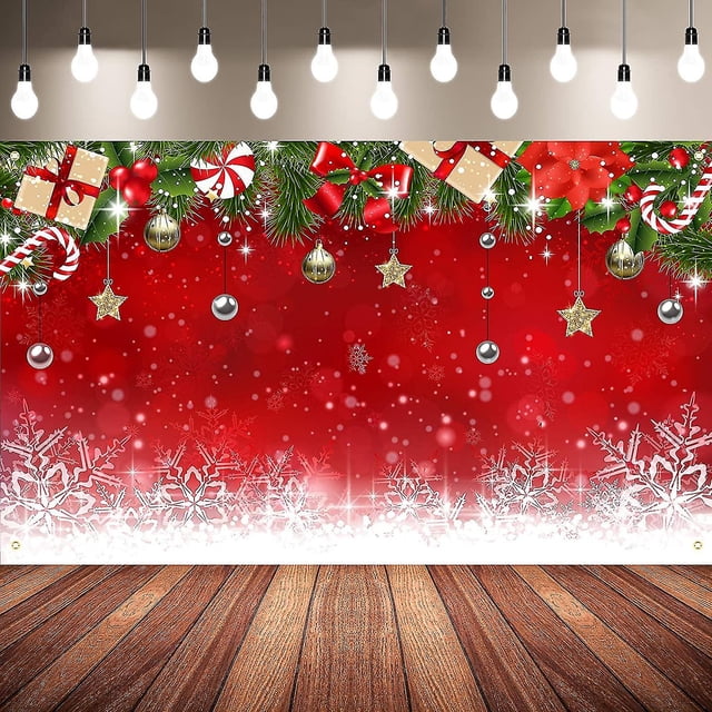 Fondo de fotografía navideña, fondo de fotografía navideña con copos de nieve de tela de invierno, fondo de fotografía navideño rojo con adornos navideños