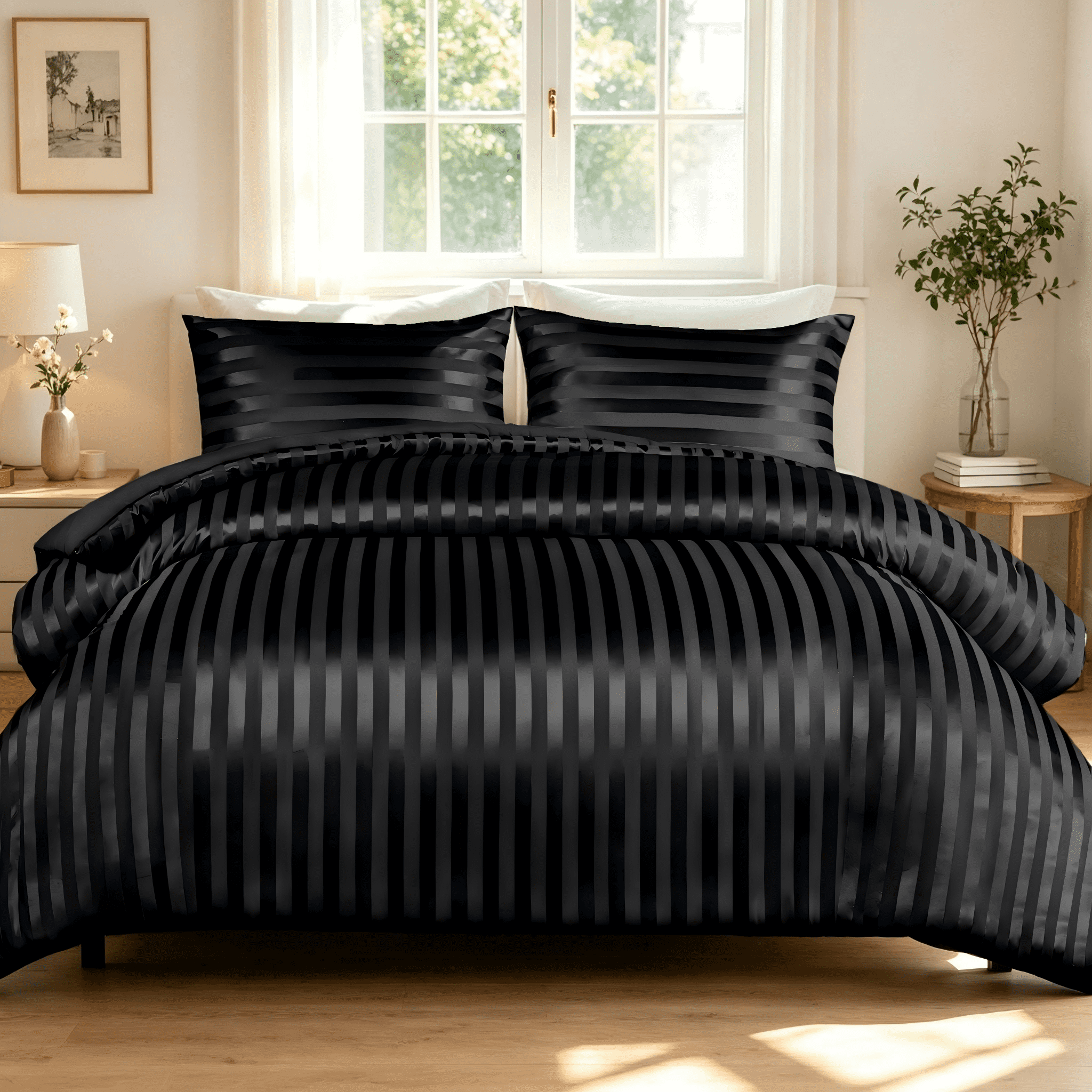 Whale Flotilla 3-Piece Luxury Stripe Satin King Size Comforter Set, Reversible Silky Soft Bedding Set with 2 Pillowcases, Lightweight All-Season Comforter, Black