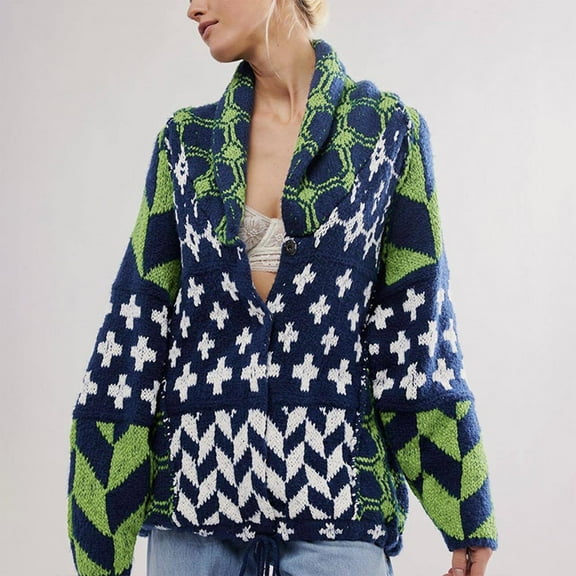 Women Fall Sweater Cardigans Graphic Button Down Collar Knitwear Long Sleeve Oversized Y2K Print Coats