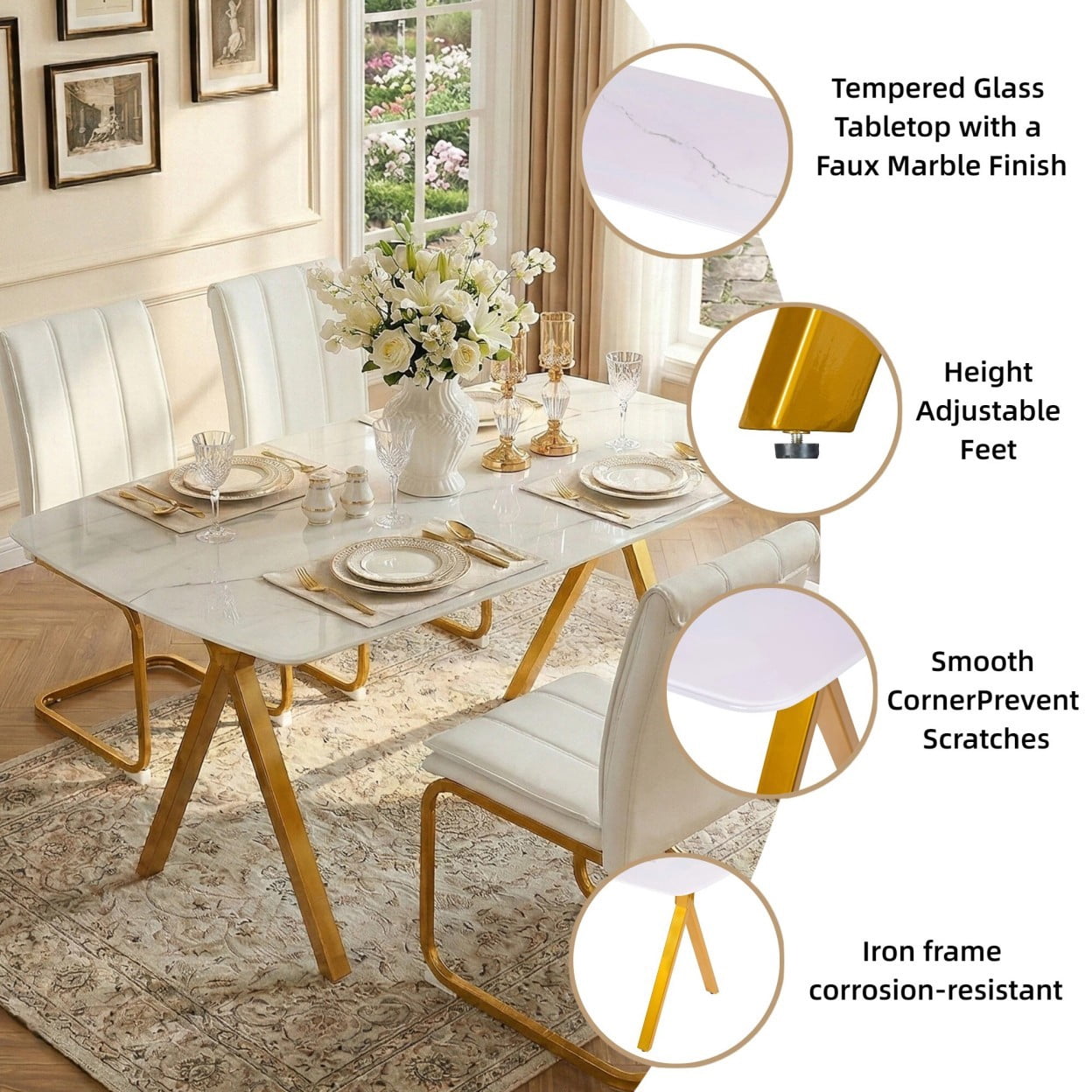 Modern Rectangular Dining Table with Faux Marble Tempered Glass Top, Gold Metal Legs, Elegant Kitchen Table for Dining Room, Restaurant, Family Meals & Gatherings, White