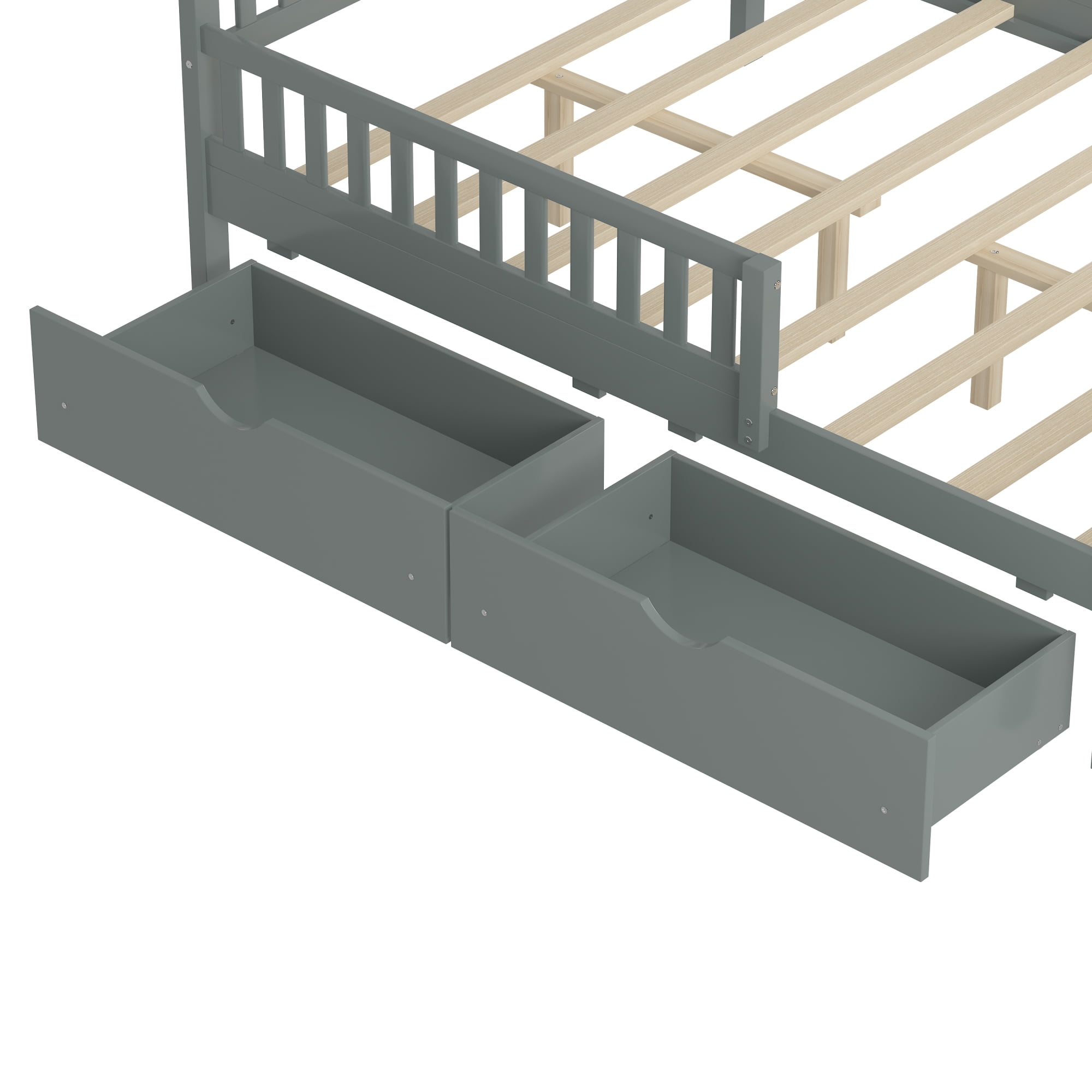 Leumius Full Size Wood Platform Bed with Guardrails on Both Sides and Two Storage Drawers for Bedroom Guest Room Gray
