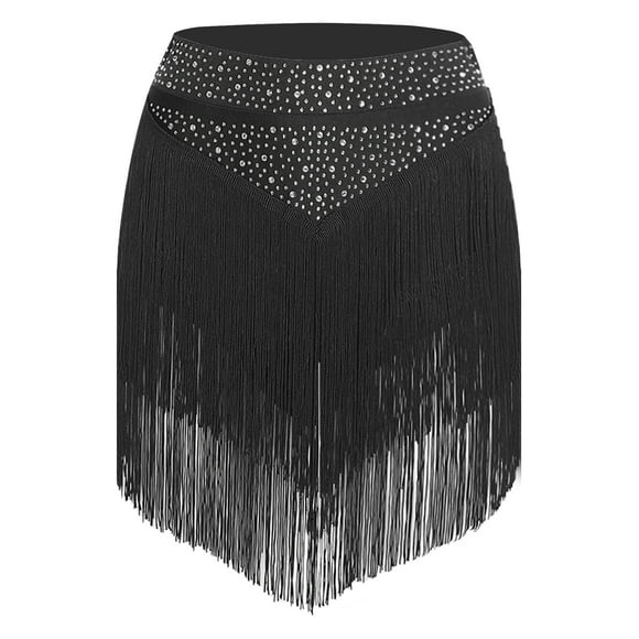 Ocealan Women Elastic Waist Latin Tango Tassel Fringe Skirt Ballroom Dancewear Samba Salsa Dance Dress Black M