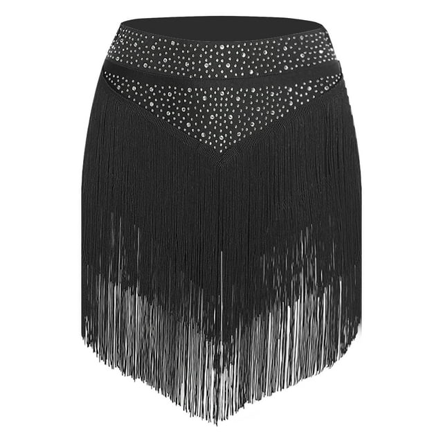 Ocealan Jupe à Franges Élastique Taille Femme Tango Latin Danse de Salon Salsa Robe de Danse Noire P