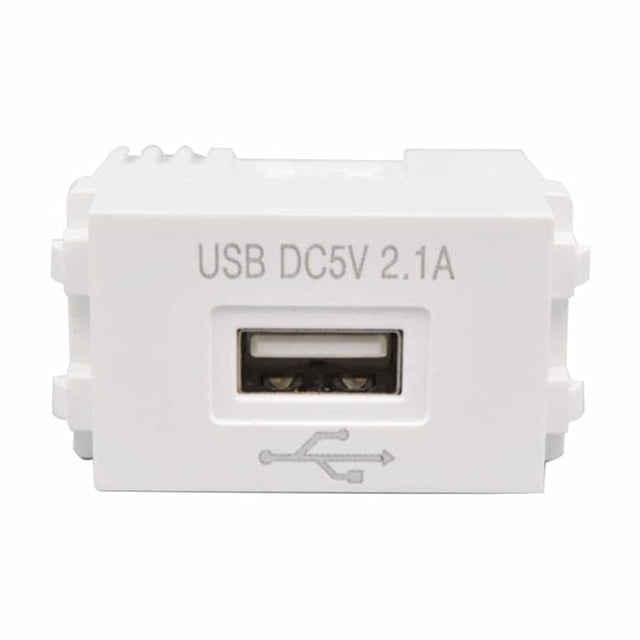 1 módulo de alimentación usb enchufe de 220 v transformador de 5 v placa de carga para teléfono móvil de 2,1 a blanco, vista frontal centrada de módulo rectangular (23 x 36 mm) con puerto USB tipo A, texto "USB DC5V 2.1A" sobre el conector y pictograma USB debajo; carcasa ABS con ranuras laterales para montaje en caja empotrable; a menudo usado como módulo de recambio para paneles de carga pequeños.