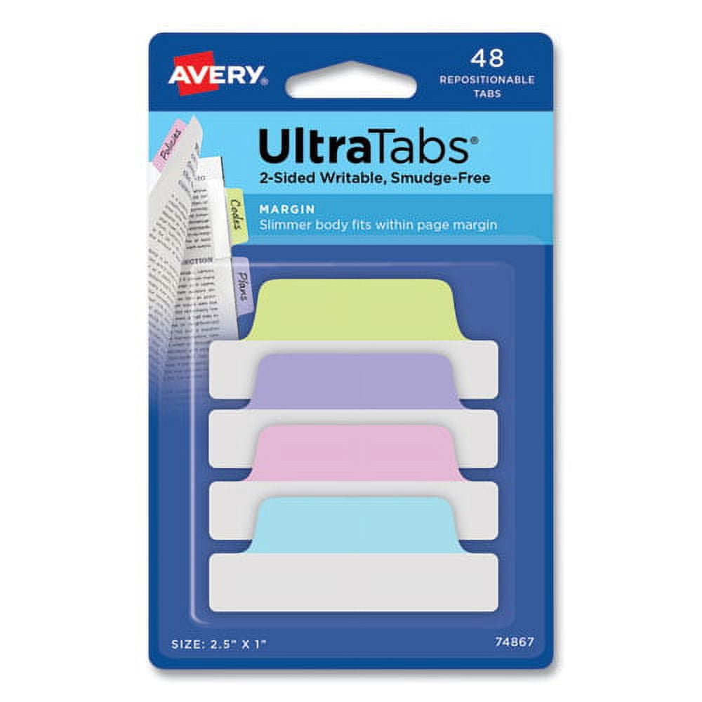"Ultra Tabs Repositionable Margin Tabs, 1/5-Cut Tabs, Assorted Pastels, 2.5"" Wide, 48/pack | Bundle of 5 Packs"