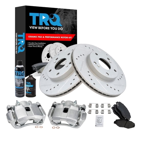 TRQ Front Performance Brake Pad & Rotor Kit Brake Caliper Brake Chemical Kit Brake Pads Brake Rotors Set Ceramic Premium G-Coated Fits 2013-2014 Honda Fit