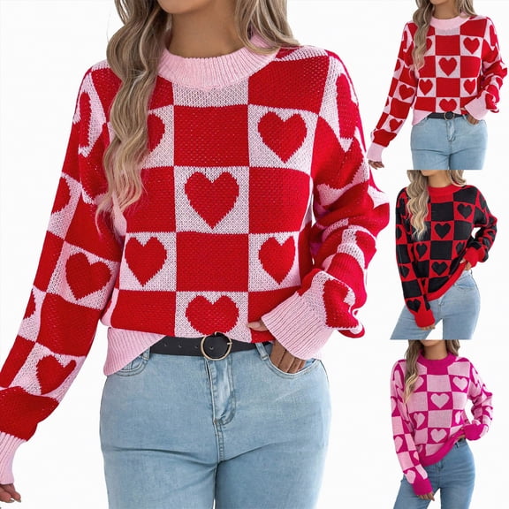 vigerkar Women's Fall Winter Crew Neck Long Sleeve Cute Heart Pattern Loose Knit Pullover Sweaters Jumper Tops (Pink, M)
