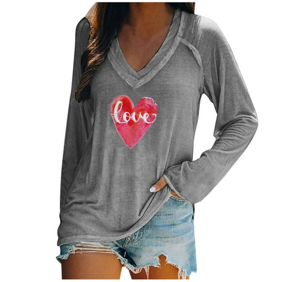 fartey Valentine Day T-Shirts for Women 2025 Love Heart Print Tee Shirt Tunic Casual Raglan Long Sleeve Tops Lightweight Soft V Neck Gifts Tees
