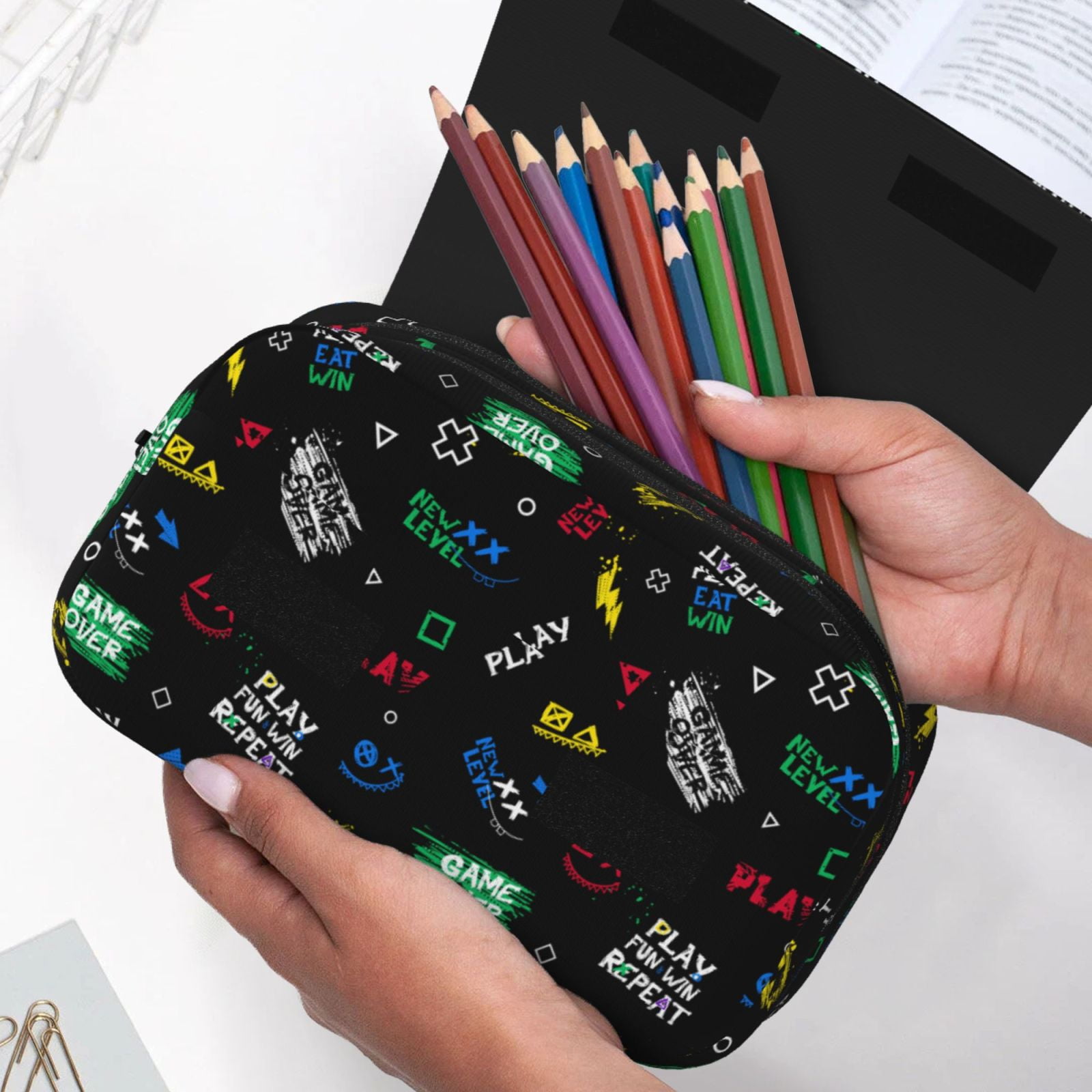 Rateoe Gamepads Pattern Double Clamshell Pen Case, Storage Organizer with Two Zipper Compartments– Holds Up to 50 Pencils & Pens