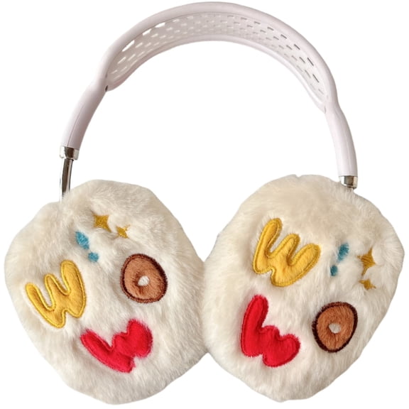 Furry Plush Case for AirPods Max Embroidered Cartoon Letters WOW, Winter Warm Soft Fluffy Fur Headphones Protective Cover Shell for Women Girl Accessories for Apple AirPods Max 2024