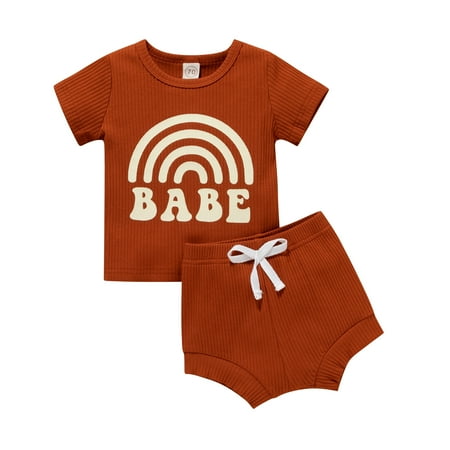 

GRNSHTS Summer Newborn Infant Baby Boys Girls Clothes Sets Babe Letter T-shirt Shorts Casual Summer Outfits Brown 12-18 Months