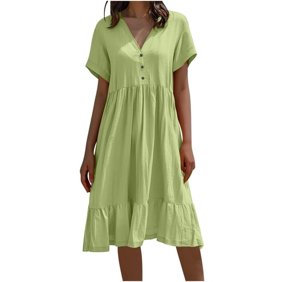 Admvng Women's Dress Tiered Button V Neck Short Sleeve Casuals Flowy Summer Dress
