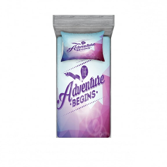 Saying Bedding Set with Sheet & Covers, Adventure Begins Words with Polygonal Mountains Abstract Angular Design, Printed Bedroom Decor 2 Shams, 4 Sizes, Purple Magenta Blue, by Ambesonne