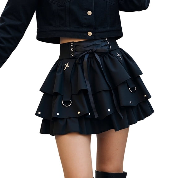 XIAONU Gothic Tiered Skirt For Women Lace Up Cross Decor High Waist Punk Mini Bottoms