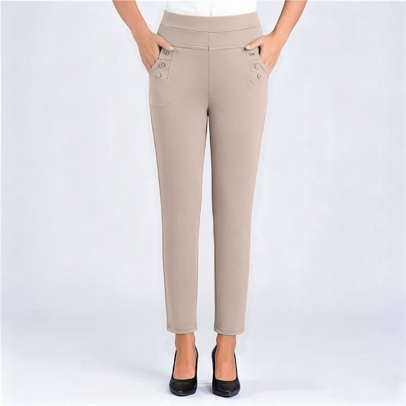 Oiangi Womens Straight Leg Dress Pants Plus Size High Waist Stretchy Slacks Casual Business Pockets Trousers for Work Beige 5XL
