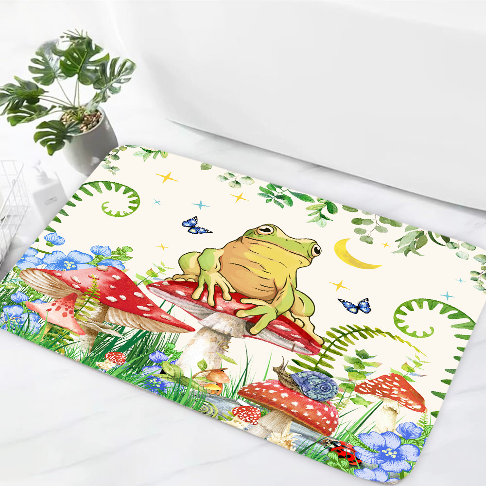 Funny Frog Boho Bath Rugs for Bathroom, Mushroom Butterfly Vertical Frog Aesthetic Moon Bathroom