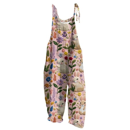 DENGDENG Easter Black Jumpsuit for Women Eggs Sleeveless Wide Leg Jumpsuits One Piece Bunny Rabbit Scoop Overalls Loose Fit Easter Printed Dressy Pants Fashion Rompers Pink XL