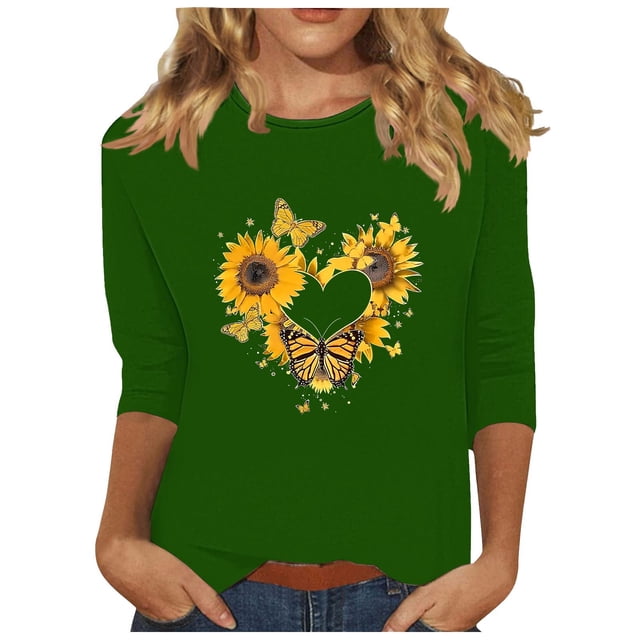 Tnhcen Chemises à Manches 3/4 Col Rond Imprimé Floral Automne pour Femmes - Basiques Décontractés Grande Taille P-3TG