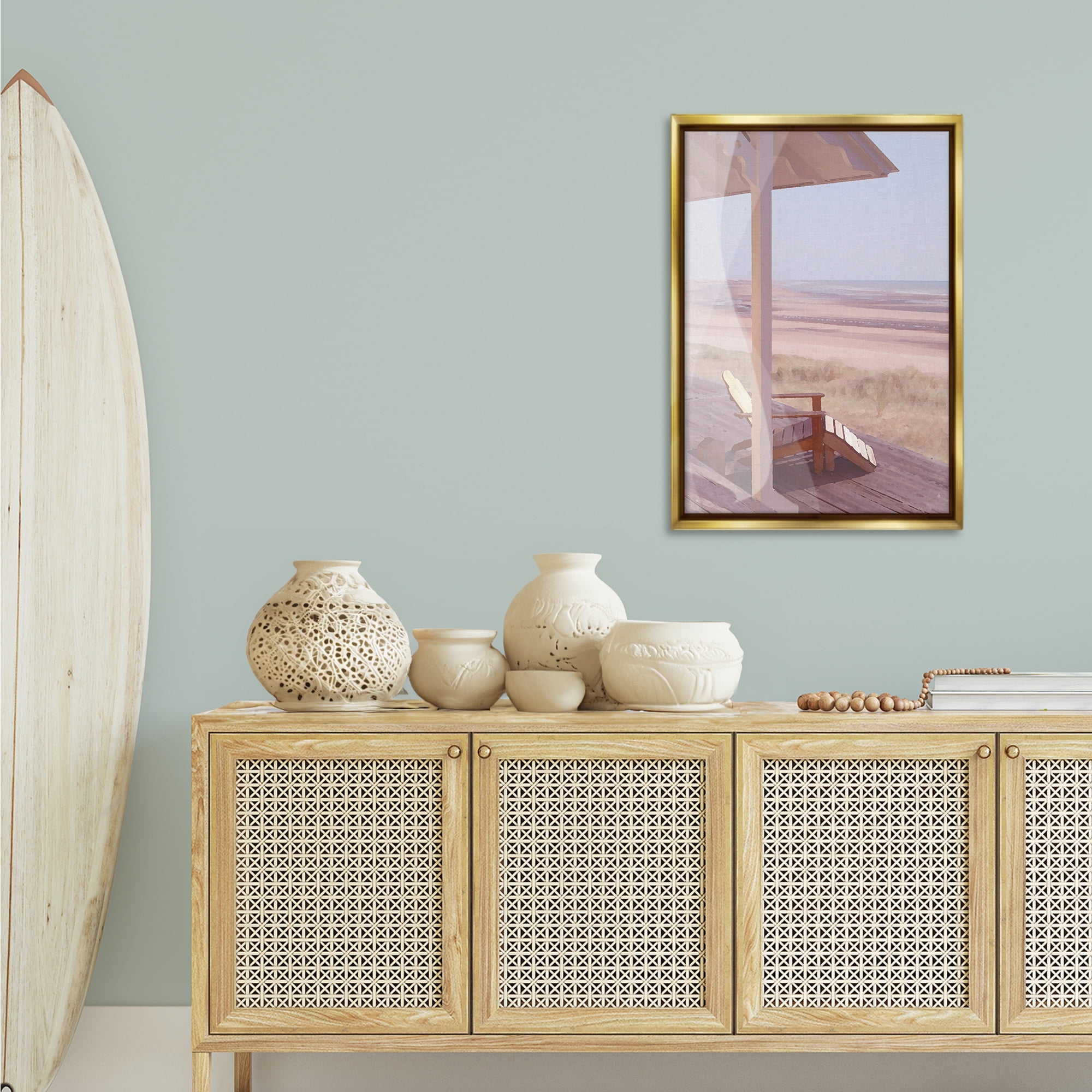 Stupell Industries Hamptons Beach House Landscape Painting Gold Floater Framed Canvas Art Print Wall Art, 21 x 31