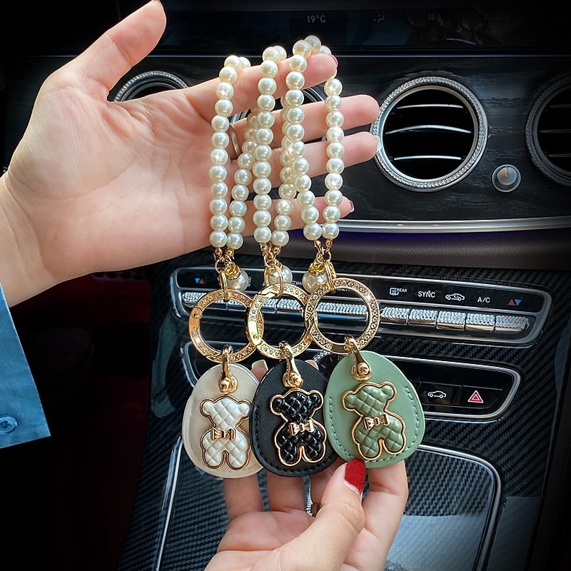 Leather Key Ring Personality Access Control Card Cover Bear Sticker Pearl Chain Keychain for Girl Woman Fashion Gift