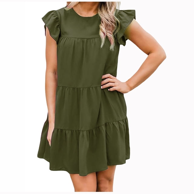 Bigersell Robes d'Été pour Femmes 2022 Décontractées Femmes Été Décontracté Couleur Unie Manches Courtes Col Rond Robe Longueur Genou Plus Robe à Bretelles Style 8679, Robes Régulières Femme Vert Armée TG