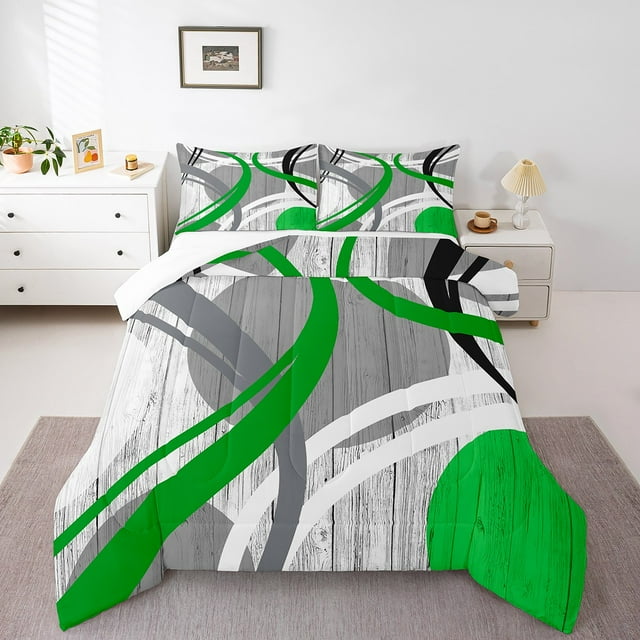 Erosebridal Geometric Stripes Bedding King Comforter Set,Green Grey Bedding Sets King with Comforter,Abstract Room Decorative,Lightweight,3-Piece