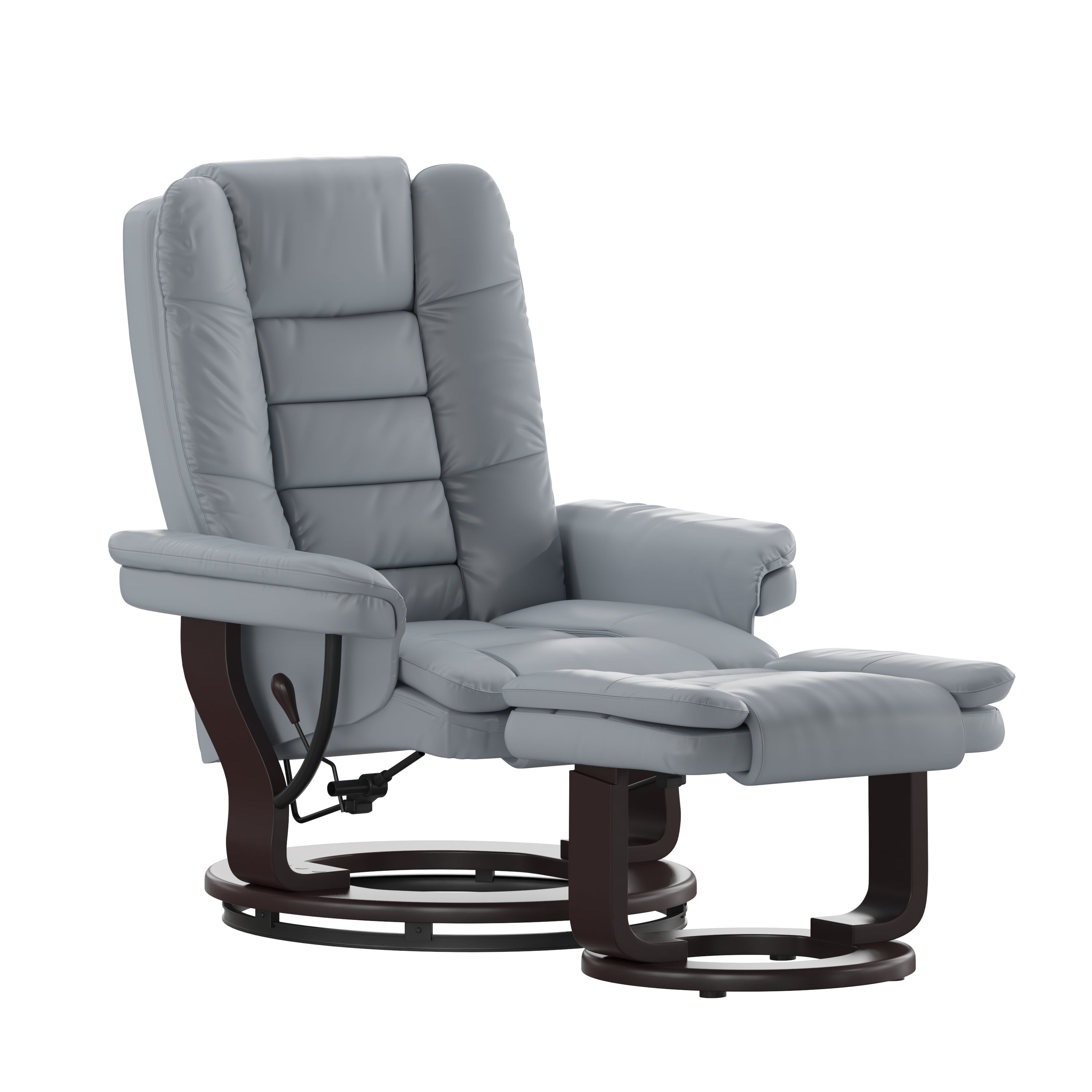 BizChair Contemporary Multi-Position Recliner with Horizontal Stitching and Ottoman with Swivel Mahogany Wood Base in Gray LeatherSoft