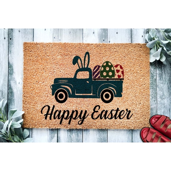 Happy Easter Vintage Truck Easter Egg Doormat | Easter Housewarming Gift | Spring Doormat | Doormat Closing Gift | Welcome Doormat