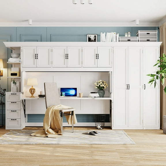 Twin Size Murphy Bed with Wardrobe Cabinet Desk for Small Spaces Space Saving Wall Bed with Storage White Modern Design