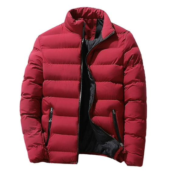comerut Men Winter Coat Padded Thick Solid Color Zipper Closure Stand Collar Long Sleeve Windproof Soft Warm Cold Resistant Men Jacket