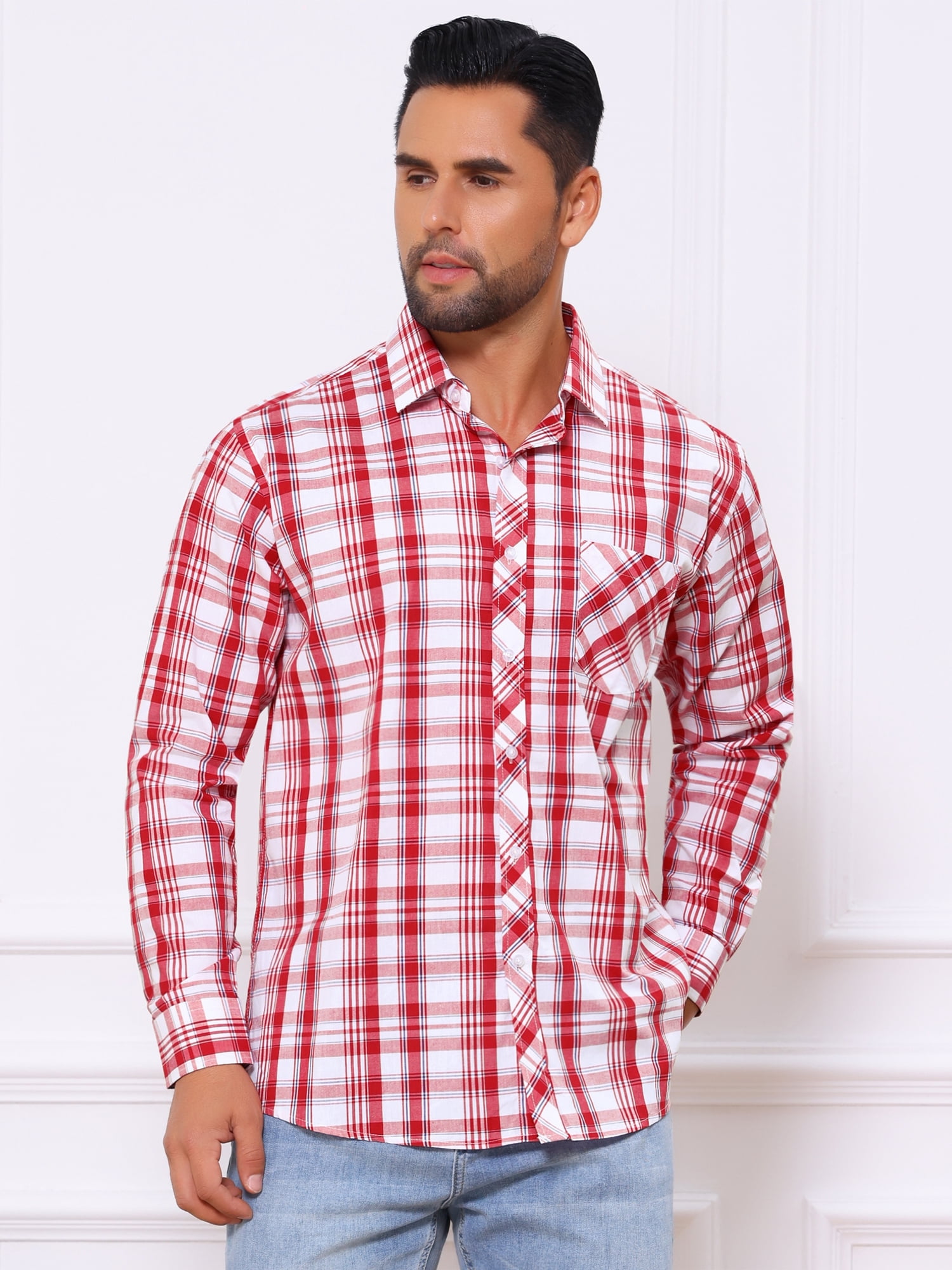 DARING DIVA Men's Long Sleeve Checked Shirt Point Collar Button Plaid Shirt L Red White