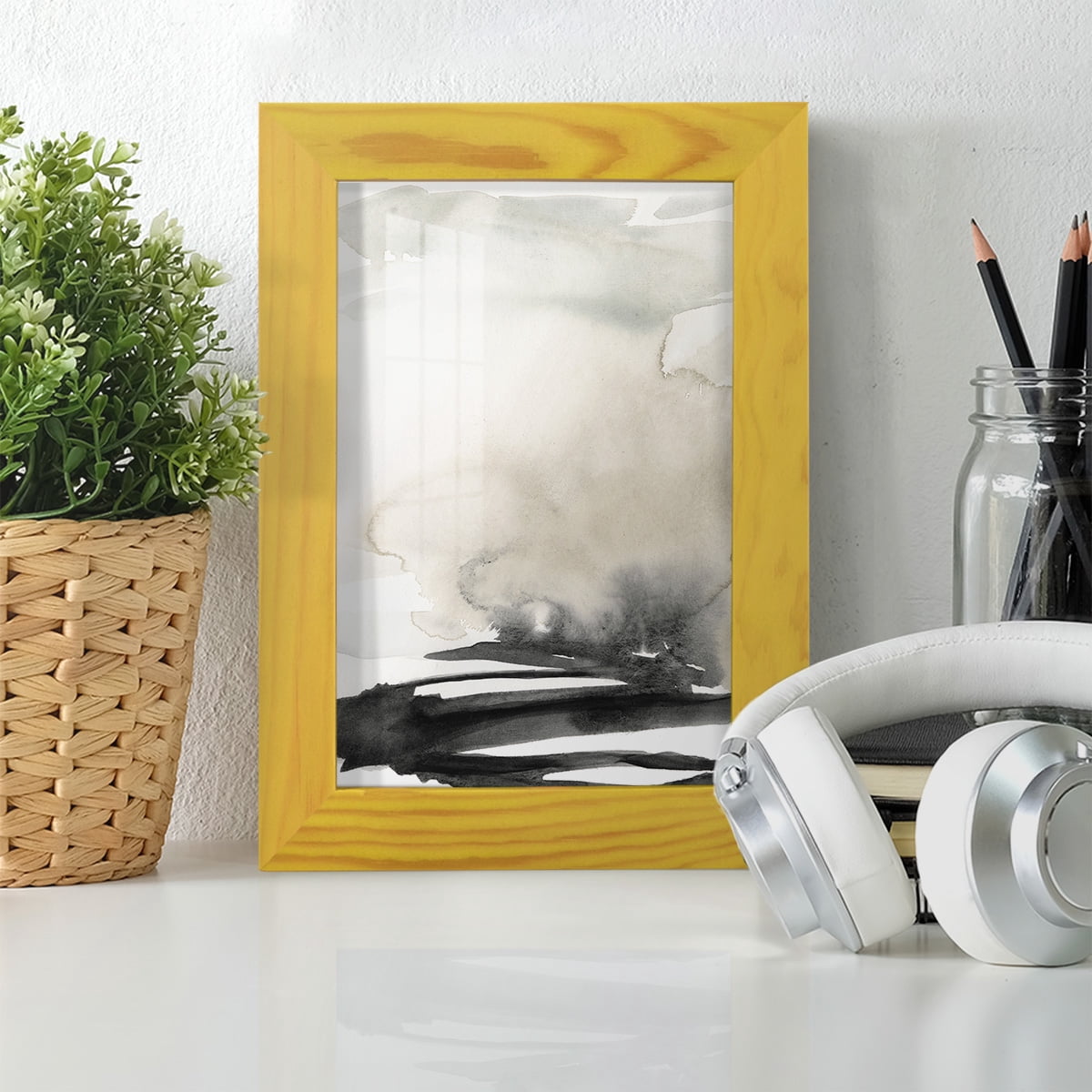 Ebony Horizon Triptych I - Framed Print w/glass - Sunflower Yellow