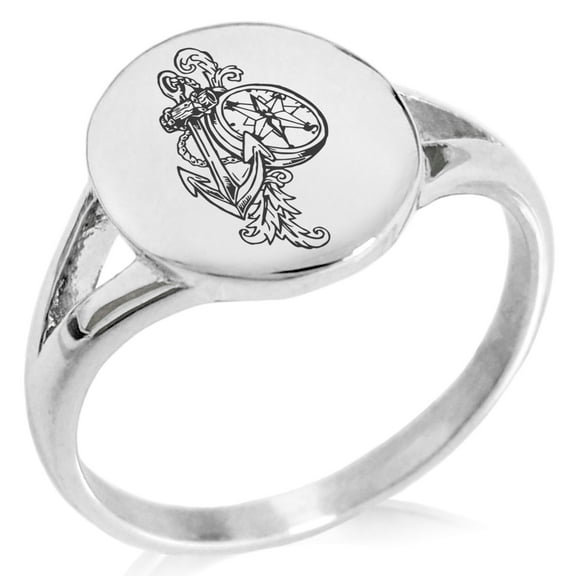 Stainless Steel Nautical Feather Compass & Anchor Minimalist Oval Top Polished Statement Signet Ring