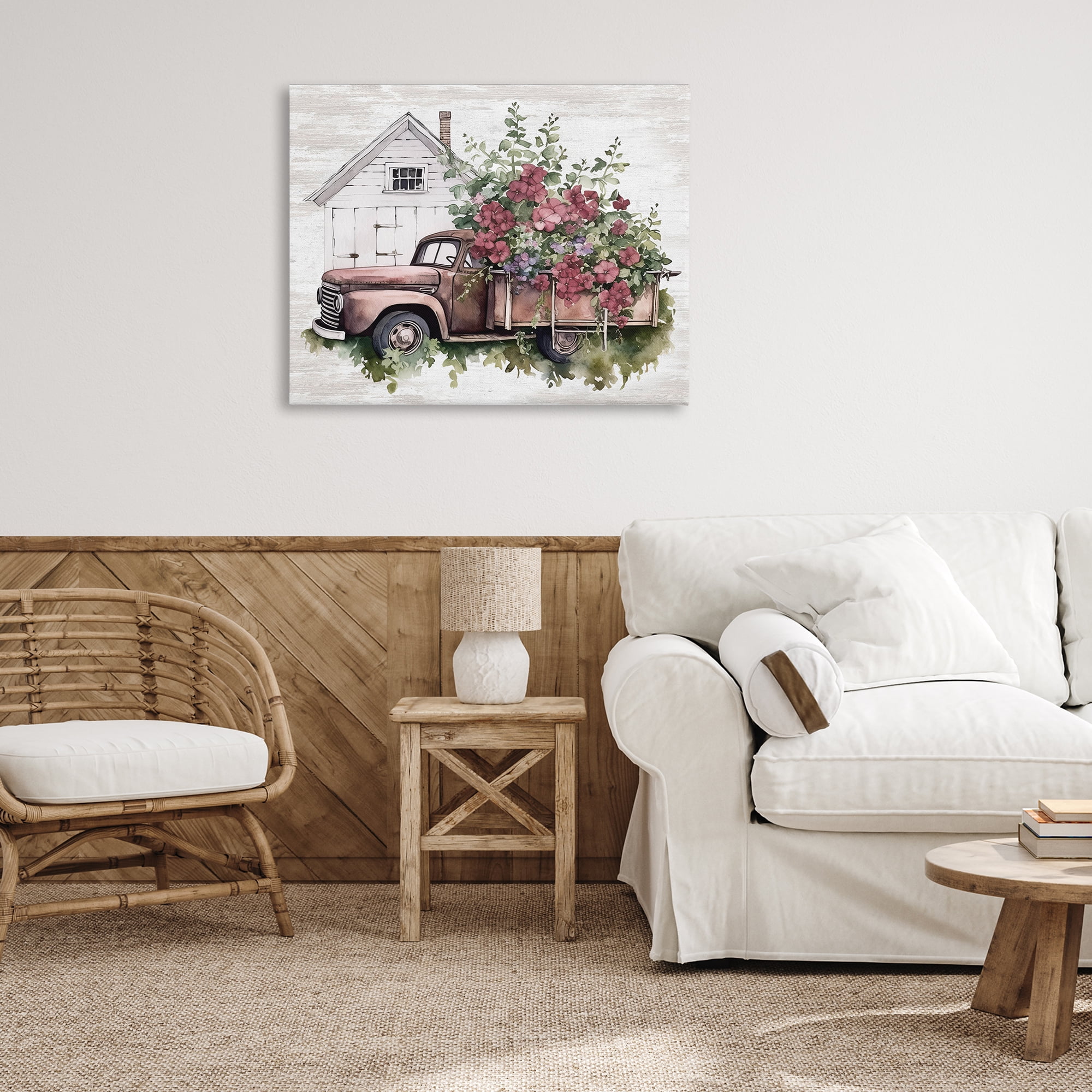 Stupell Industries Burgundy Flowers Truck Transportation Painting Gallery Wrapped Canvas Art Print Wall Art, 40 x 30